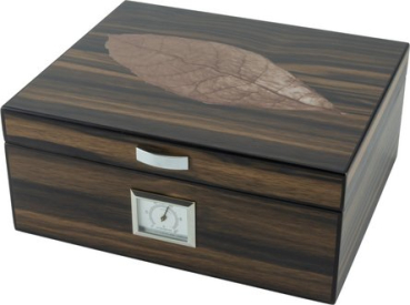 Humidor mit Dekor "Blatt" für ca. 25 Zigarren H11xB26xT22cm, m.Trennleiste, AP-Humidif.+integr.Hygrometer