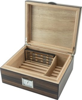 Preview: Humidor mit Dekor "Blatt" für ca. 25 Zigarren H11xB26xT22cm, m.Trennleiste, AP-Humidif.+integr.Hygrometer