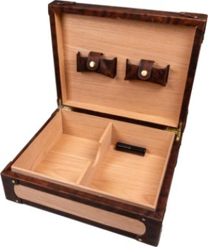 PASSATORE Humidor Leder braun/Holz Nietendesign/ca. 25 Zig. H 9.5 x B 29 x T 24cm, mit Trennleiste, Humidifier 2 Lederfächer innen für Zubehör